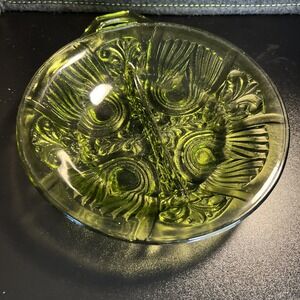 Vintage Indiana Green Glass Divided Dish Footed Relish Round Tray‎ w/ handle